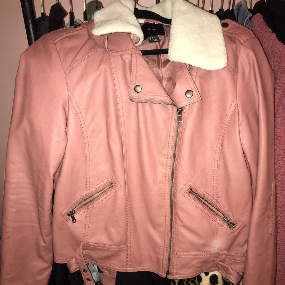 Pink Forever 21 Leather Jacket w/ Fur Collar